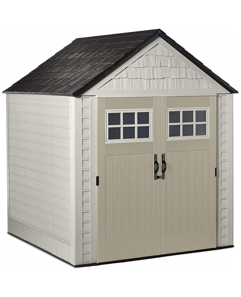 Rubbermaid 7x7 Ft Durable Weather Resistant Resin Outdoor Garden Storage Shed with Windows and Utility Hooks, Sand