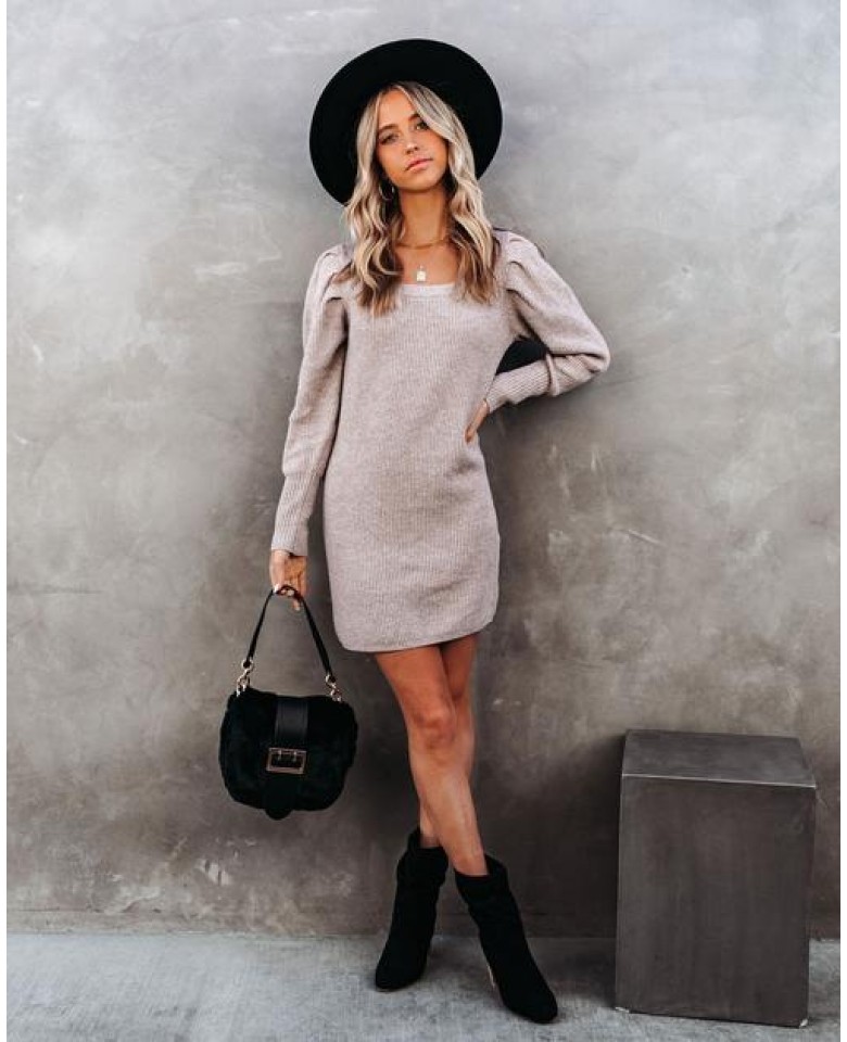 Sapphire Ribbed Square Neck Sweater Dress - Taupe