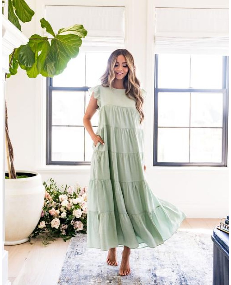 Sid Pocketed Tiered Maxi Dress - Pistachio