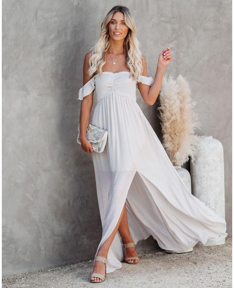 Can’t Hurry Love Off The Shoulder Maxi Dress - Sand