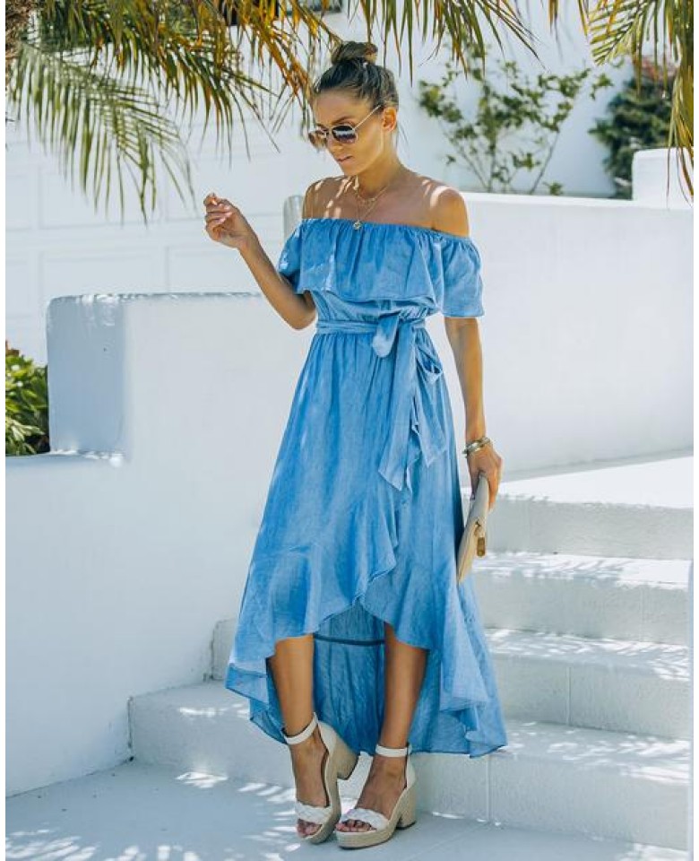 Saul High Low Off The Shoulder Chambray Maxi Dress