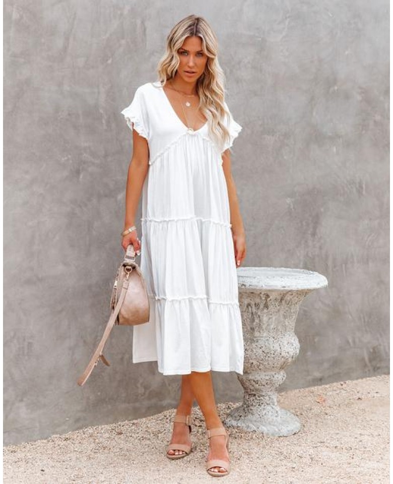 Avalon Cotton Ruffle Tiered Midi Dress - White