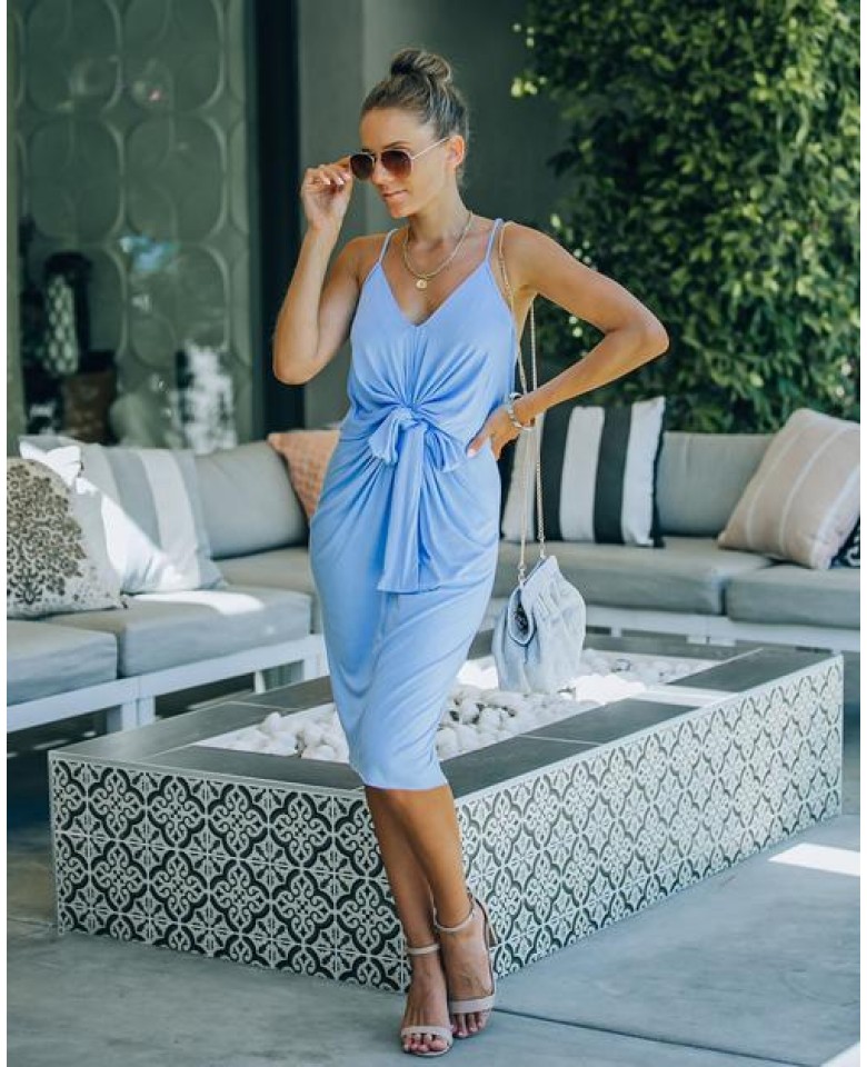 Jevan Tie Front Knit Midi Dress - Blue