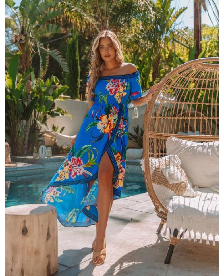 Aruba Off The Shoulder High Low Maxi Dress - Blue