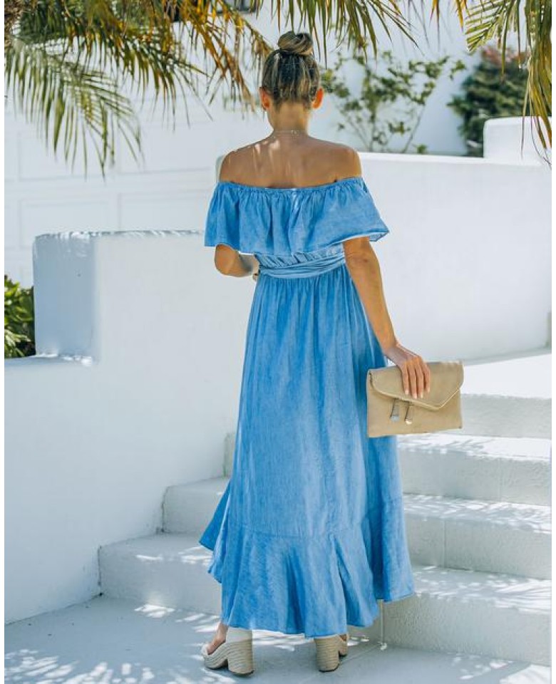 Saul High Low Off The Shoulder Chambray Maxi Dress