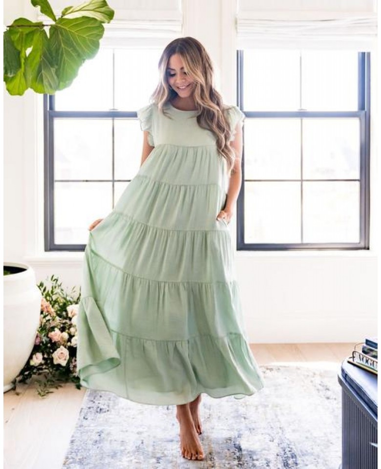 Sid Pocketed Tiered Maxi Dress - Pistachio