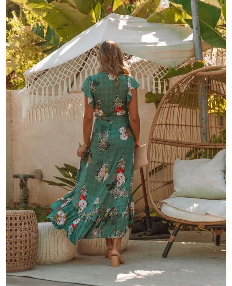 Greer Floral High Low Wrap Maxi Dress - Sage