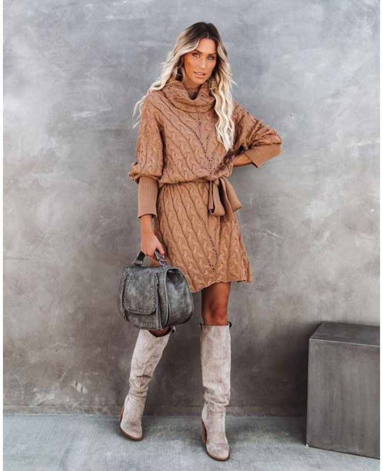 Rivington Cotton Blend Cable Knit Sweater Dress - Camel - FINAL SALE
